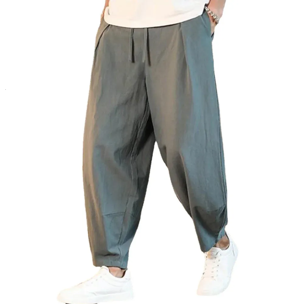 Bomull och linne Löst mäns byxor Male Summer Breattable Solid Color Trousers Fitness Streetwear 240228