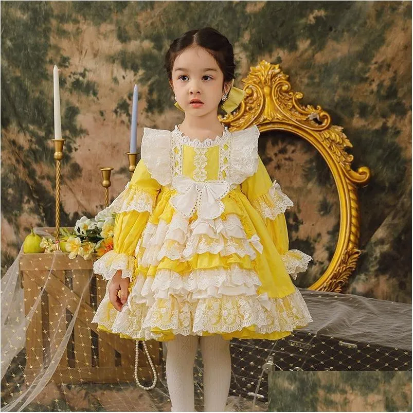 Girl'S Dresses Girls Dresses 2021 Baby Girl Lolita Dress Vintage Spanish Kids Yellow Frocks Children Princess Ball Gown Lace Drop Deli Dhjg8