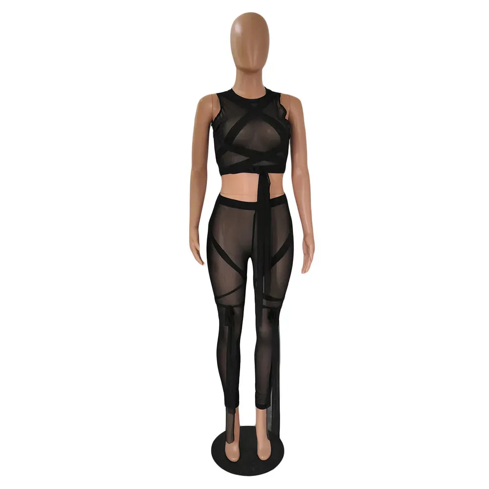 Designer Tracksuits Summer Women Sexy Mesh Outfits Two Piece Sets Bandage Sheer Shirt Top and Mesh Leggings suits Night Club Wear See Through Bulk Clothes 9226