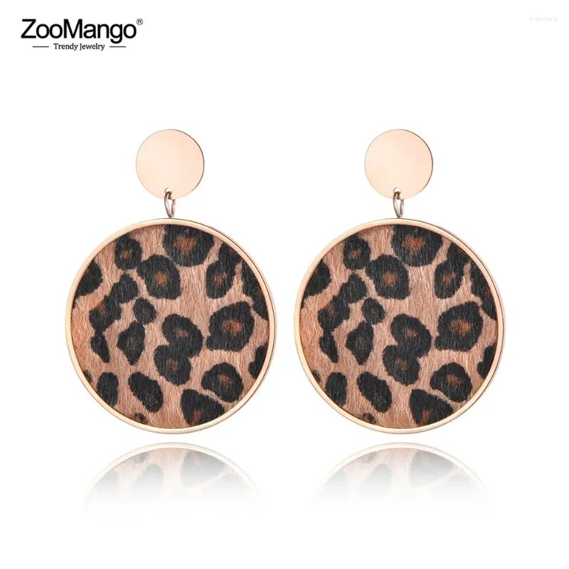 Boucles d'oreilles ZooMango Bohême pour femmes Style exagéré en acier inoxydable imprimé léopard crin de cheval collé couleur or Rose ZE18463