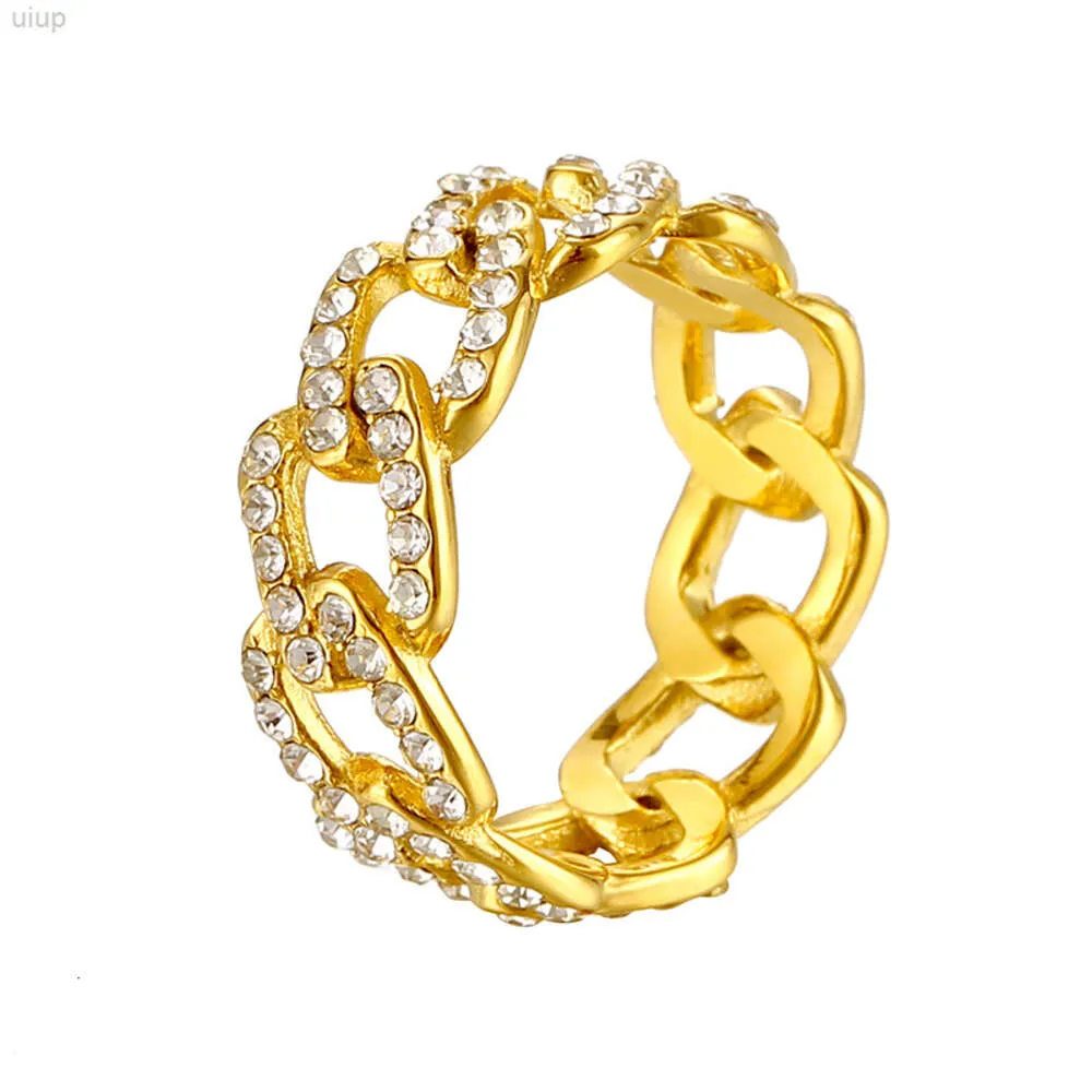 Wodoodporna biżuteria 18K Gold Stated Stal nierdzewna Pave Diamond Band Cubic Zirconia Cuban Chain Pierścień dla kobiet