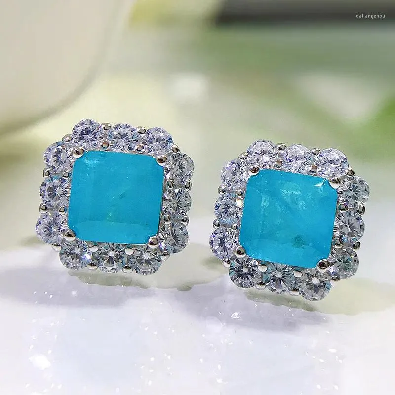 Orecchini a bottone S925 in argento sterling Paraiba con pietra preziosa retrò quadrata per le donne che vendono gioielli di moda 2024