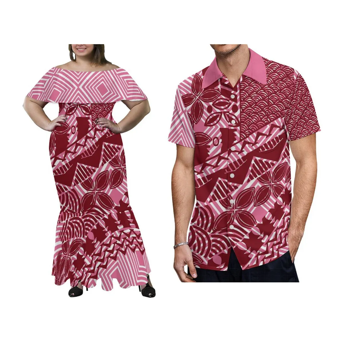 Vestido feminino com babados e cauda de peixe, tamanho grande 8xl, camisa tropical havaiana masculina, camisas e vestidos de casal, combinação quente