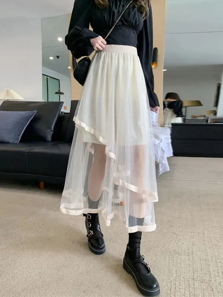 Юбка Zoki, элегантная сетчатая лоскутная женская юбка из тюля, модная корейская трапециевидная юбка-тортик, женская милая нерегулярная юбка миди в консервативном стиле