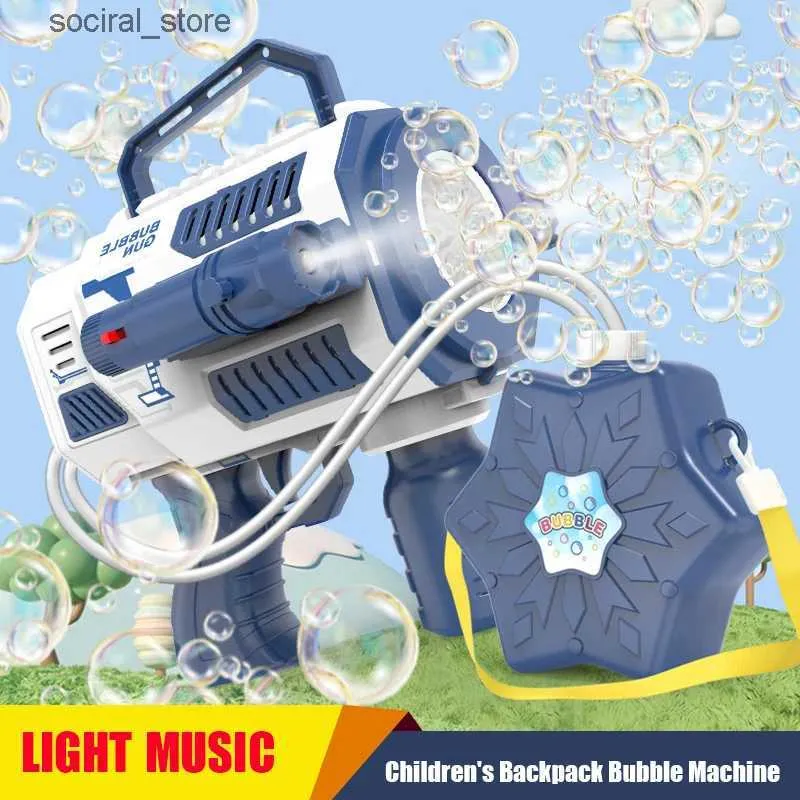 Sand Play Water Fun Electric Bubble Gun med stor kapacitet blinkande automatisk fläkt med lätt musikbubblor Maker för barn ryggsäck bubbla pistol l240307