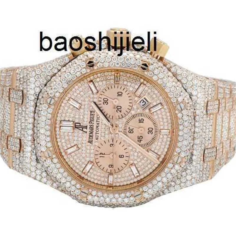 Män tittar på Audemspiguts APS Factory Automatisk rörelse Toppkvalitet Mens Epic 18K Rose Gold Royal Oak 41mm Full vs Diamond Watch 31.75 Carat