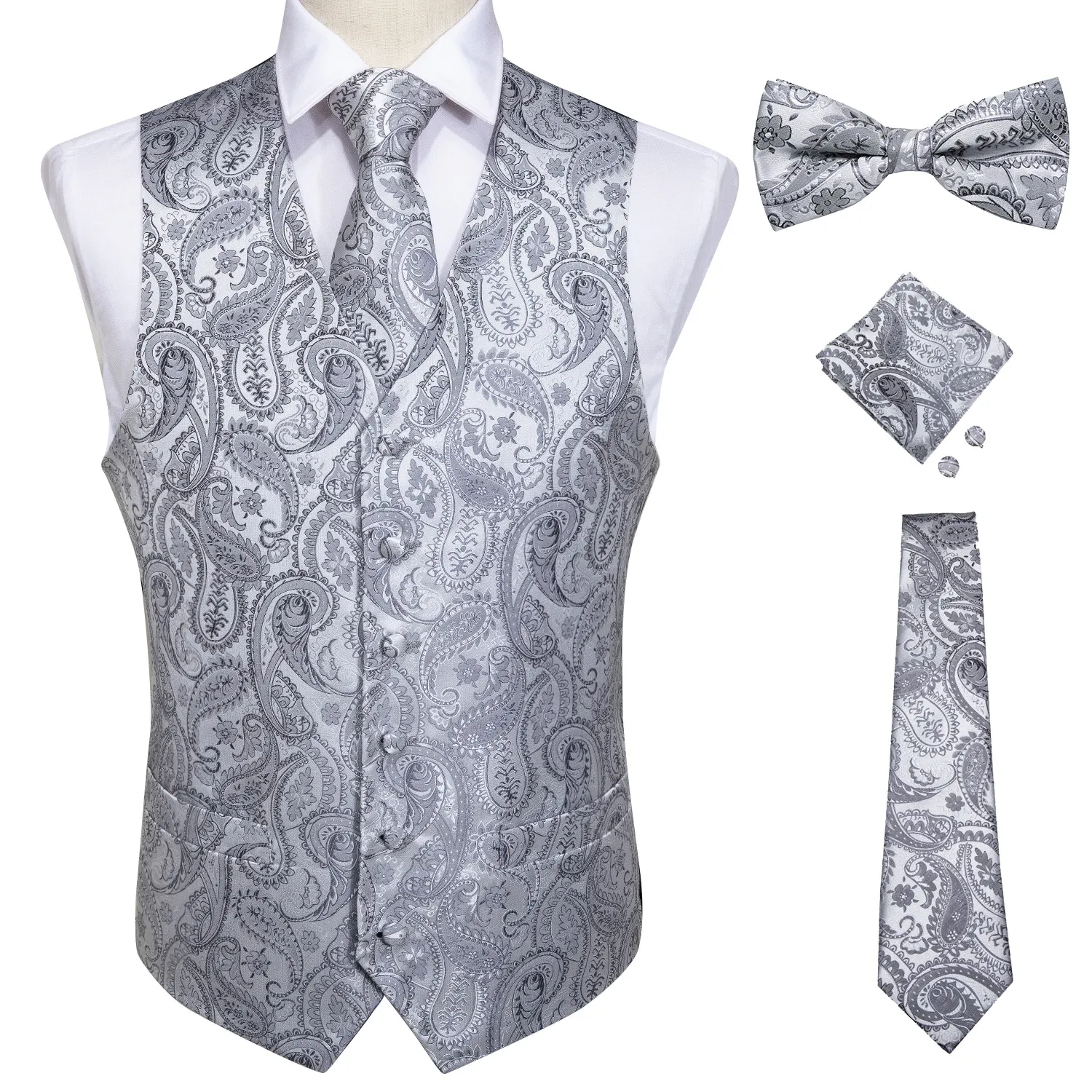 Gilet da uomo classico argento Paisley Folral gilet di seta gilet da sposa fazzoletto cravatta completo gilet giacca senza maniche DiBanGu