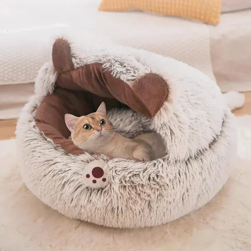 Inverno longo pelúcia gato de estimação cama redonda almofada de gato casa de gato quente cesta gato saco de dormir ninho de gato canil para pequeno cão gato 240226