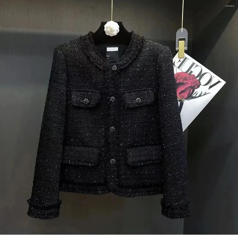 Costumes pour femmes automne hiver costume manteau court col rond noir Tweed tempérament Cassic Blazers