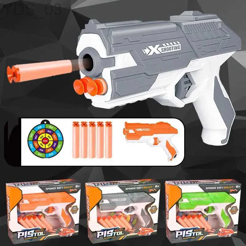 Gun Toys Children Bullet Toy Pistolet Podręcznik pistoletu pistolet pistolet kolorowy kolorowy plastikowy model strzału z pudełkiem chłopcy prezent urodzinowy YQ240307