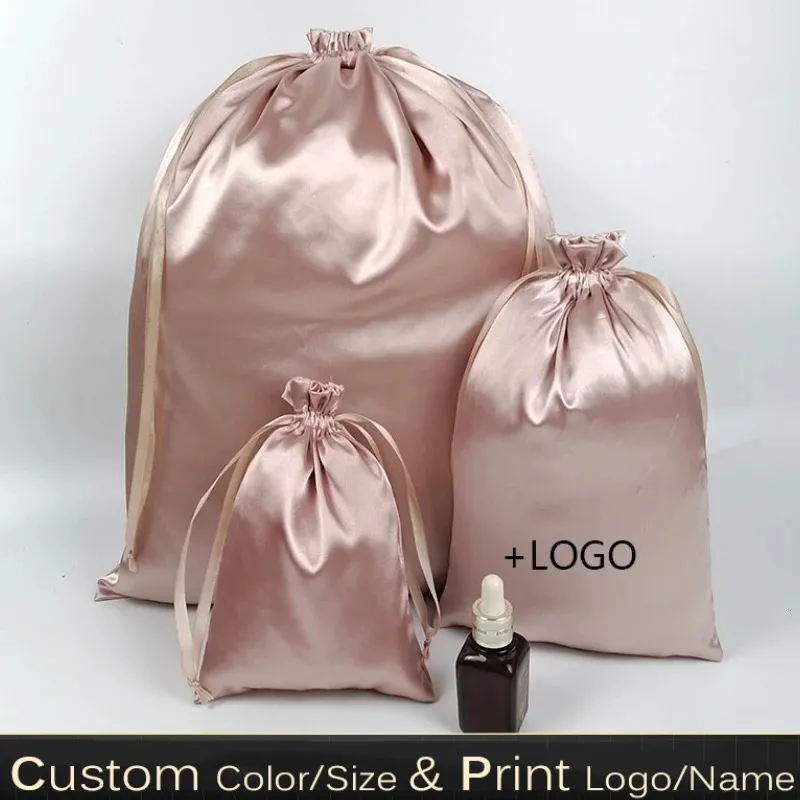 20 pçs rosa ouro seda presente sacos de cetim cordão bolsa maquiagem sapatos roupas virgem cabelo peruca cosméticos embalagem saco de armazenamento impressão 240304