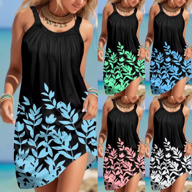 Lässige Kleider Sonne für Frauen Böhmischer Sommer ärmelloses Pulloverkleid Drucken O-Ausschnitt Sommerkleid Cover Up Strand Mini