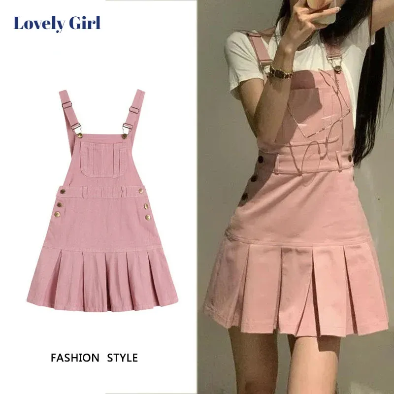 Dress Korean Fashion Pink Denim Strappy Dress Women Summer New College Kpop Wind Sleeveless Vestidos Girl Sense Pleated Mini Skirts