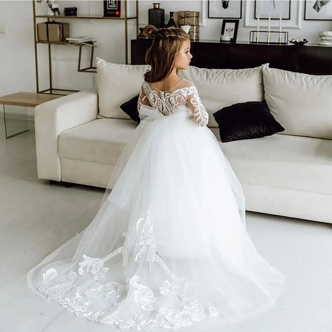 FATAPAESE Bianco Bambini Abito da damigella d'onore per ragazze Fiore Manica lunga Pizzo floreale Tulle Abito di linea Appqulies Matrimonio Anche 240304