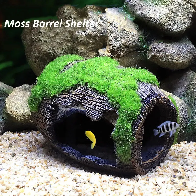 Moss Wine Barrel Aquarium Decoration Ornament Fish Tank Hideout Cave Shrimp Aquatic Animal Pet Supplies 240226