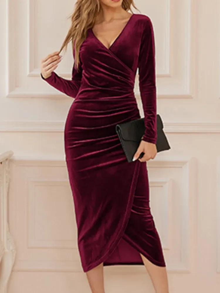 Klänning sammet bodycon midi klänning kvinnor sexig delad ruched klänning smal långärmad wrap klänning kvinnlig vneck oregelbunden fest klänning vestidos