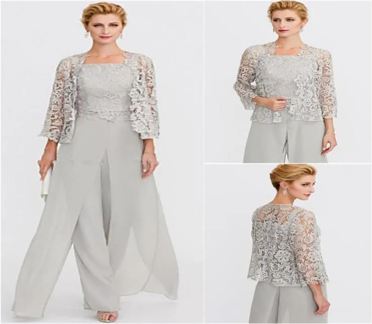 New Elegant Pant Suits Straps Long Chiffon Lace Mother of the Bride Dress Split Front Jumpsuit Formal Guest Evening Wear Gowns7635074