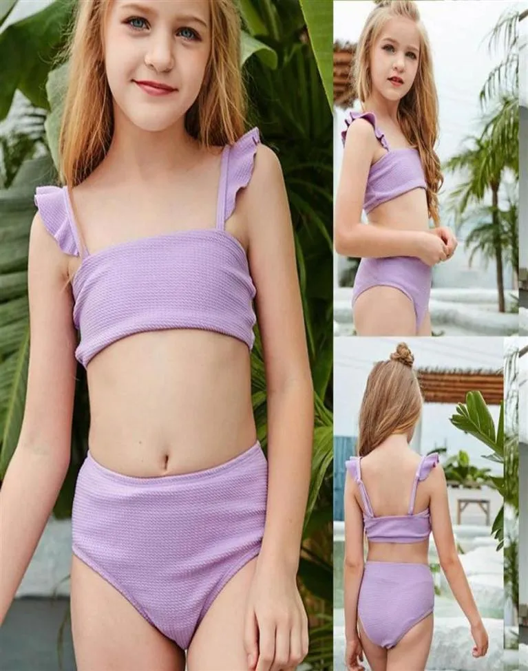 OnePièces maillot De bain filles enfants vacances mignon solide volants Bikini ensemble deux pièces maillot De bain maillot De bain Fatos De Banho 2021196e270I1572303