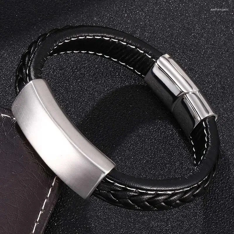 Charm Bracelets Simple Men Leather Bracelet Stainless Steel Magnetic Buckle Bangle Fashion Jewelry Male Handmade FR0190