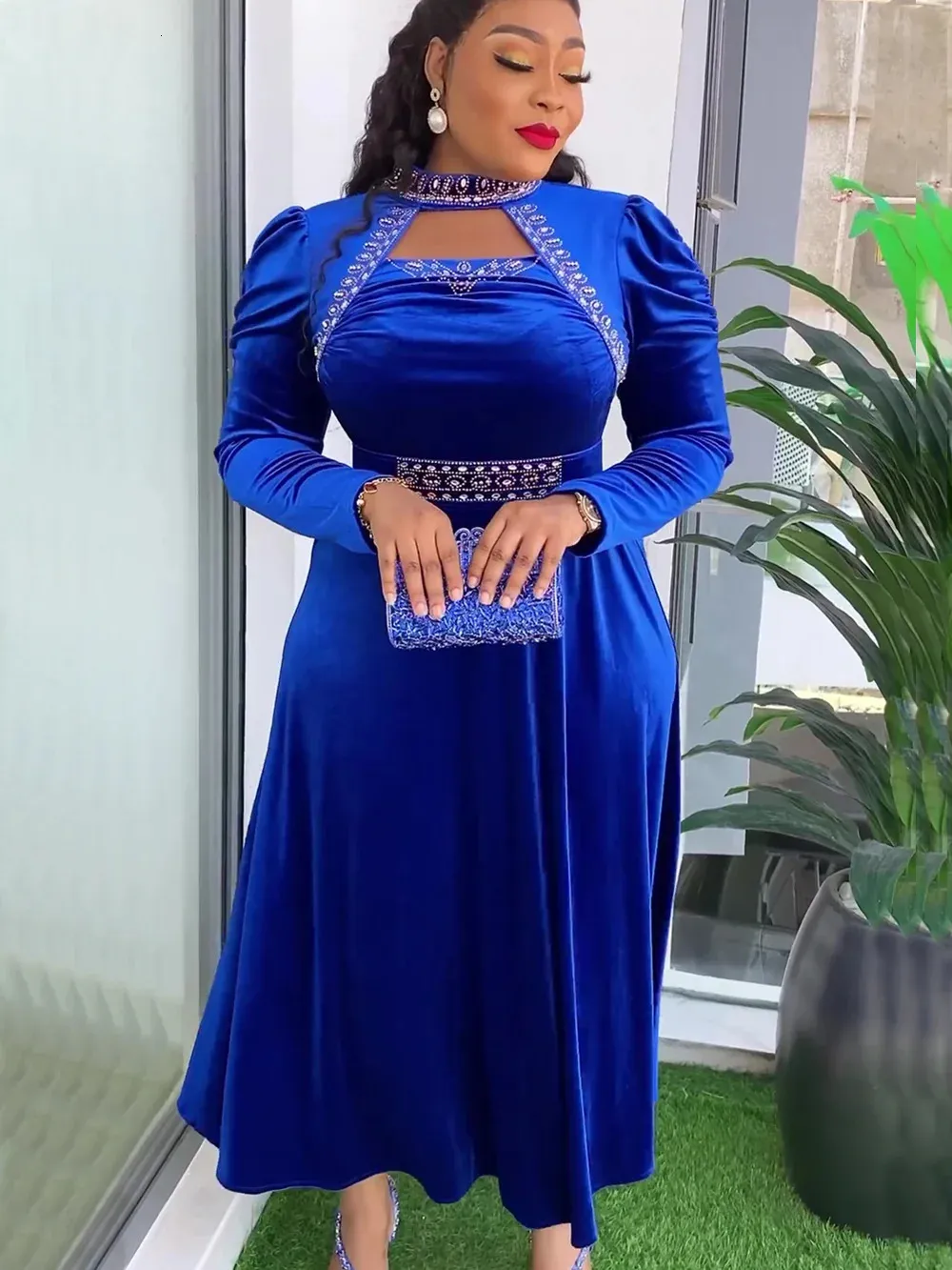 Plus Size Dubai Luxury Wedding Party Dresses for Women African Evening Gown Dashiki Ankara Turkey Velvet Outfits Robe 240226