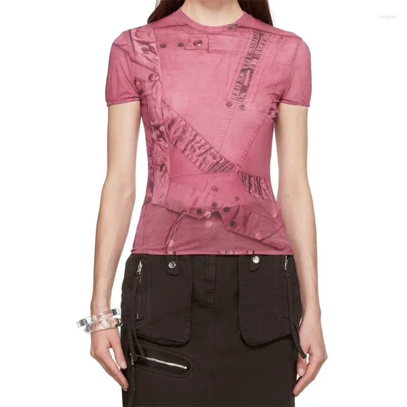 Koszulki damskie Top Kobiety 2024 Spring Korean Fashion 3D Print T-shirt Elastic Slim Fit Około szyi krótki rękaw