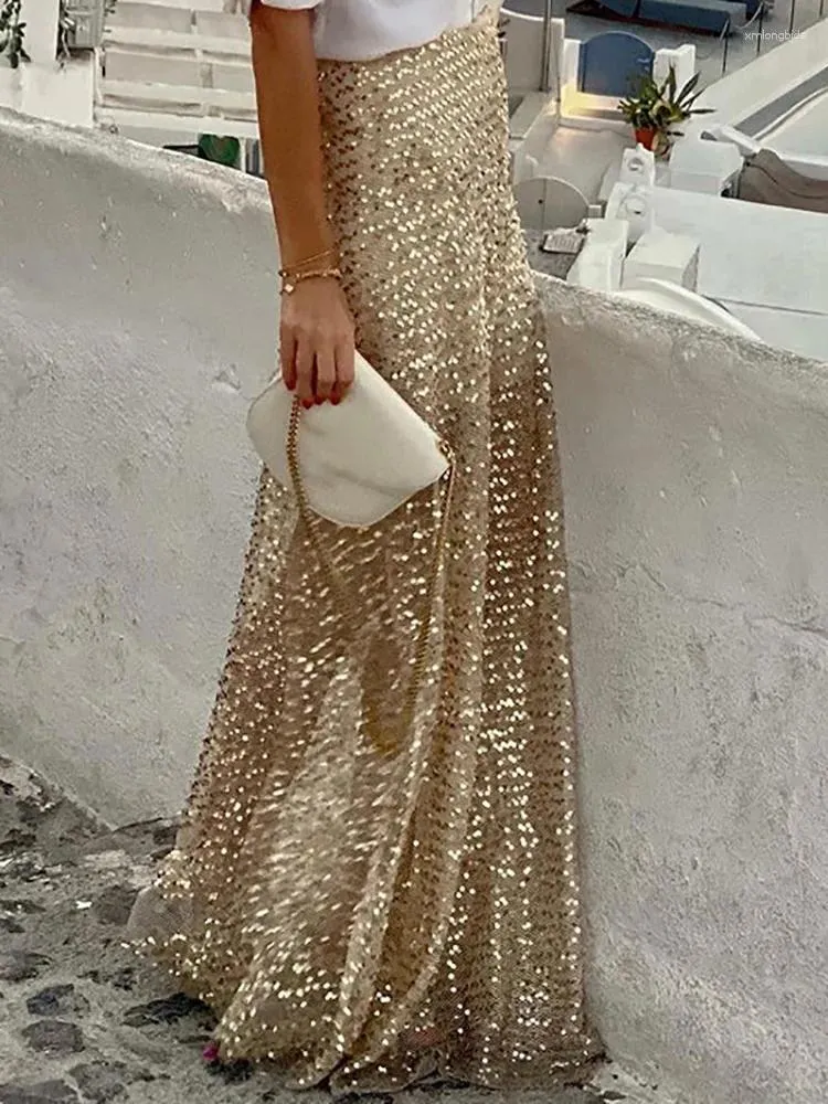 Kjolar elastisk midja guld paljett glitter kjol elegant kvinnor smal fit semester lång kvinnlig golvlängd med foder vestido