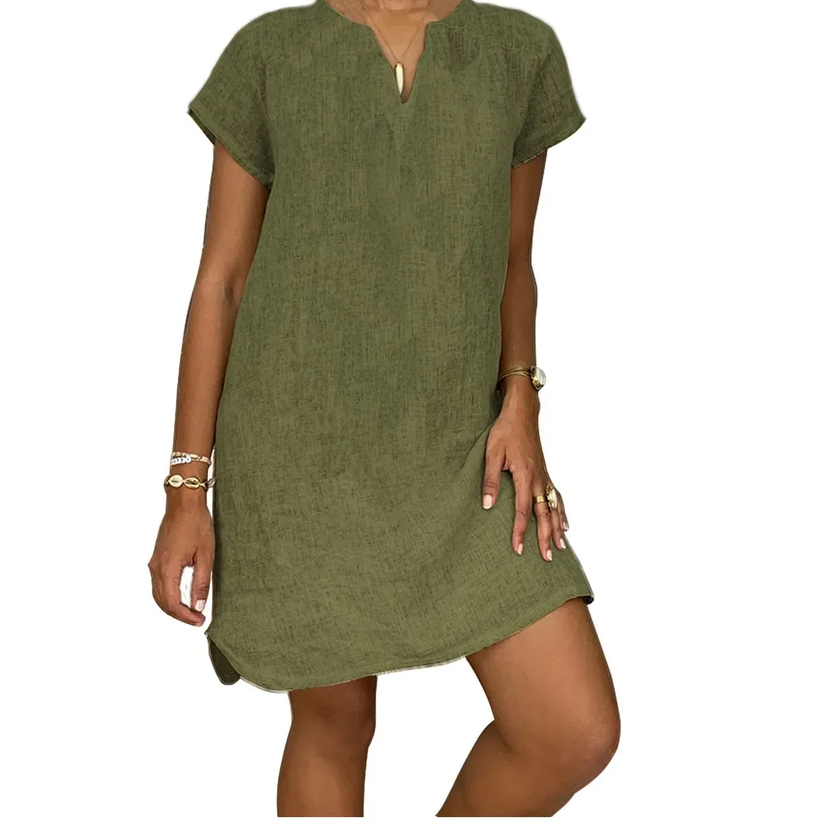 Dress Womens Summer Dress Cotton Linen Holiday Dresses Loose Plain V Neck Short Sleeve Straight Mini Dresses Boho Sundress Vestidos