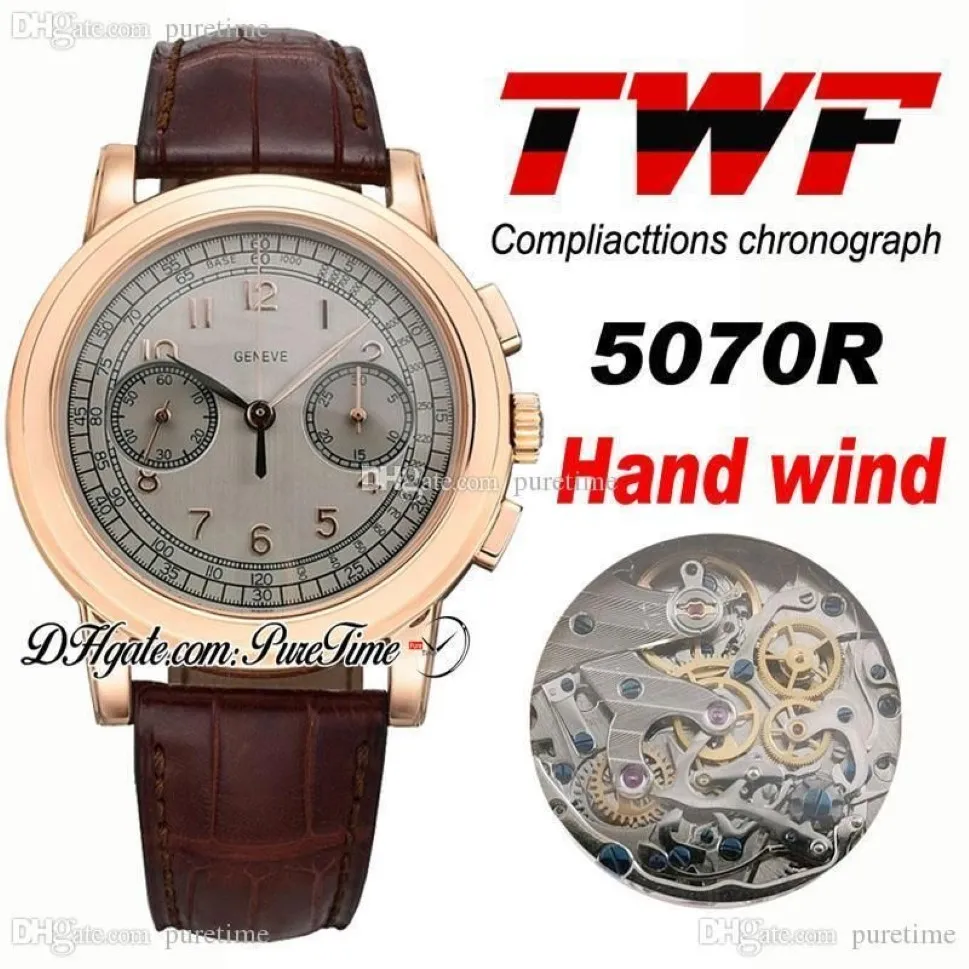 TWF Platinum Compliacttions Chronograaf 5070R Handopwindbaar automatisch herenhorloge 18K roségoud grijze wijzerplaat bruin leer PTPP Puretim2926