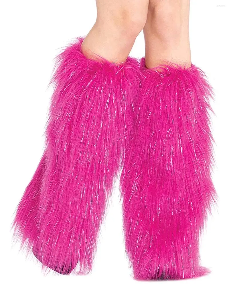 Women Socks 45cm Pink With Silver Fuzzy Faux Fur Leg Warmers Heels Long Boots Cuff Cover Has Elasticity Dionysia Boot Carnival