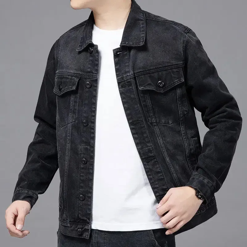 Uomo Giacca di jeans nera Streetwear Primavera Autunno Vintage Casual maniche lunghe Top Fashion Turndown Colletto Cappotto allentato Jaqueta Jeans 240301