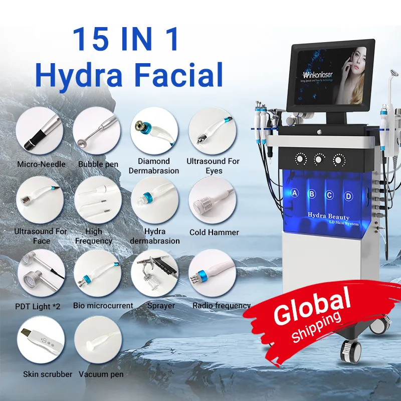 15 في 1 ماس الجلد الماس تقشير معدات سبا الوجه المائي جهاز الأوكسجين الجهاز Hydra Hydra Facials