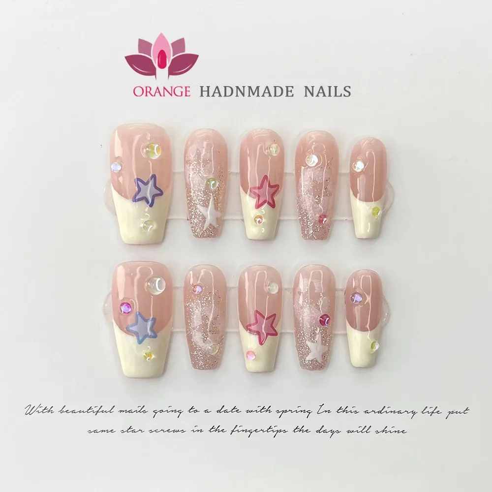 Handmade French False Press On Nail With Rhinestones Full Cover Ballerina Korean Manicuree Decoration Wearable Orange Store 240305