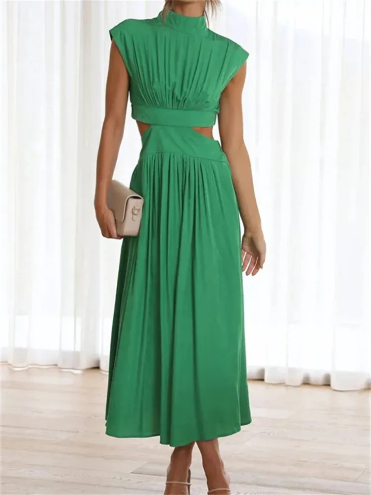 Women Summer Long Dress Solid Color Sleeveless Mock Neck Hollow Out Aline Dress Sexy Elegant Beach Holiday Loose Dresses 240304