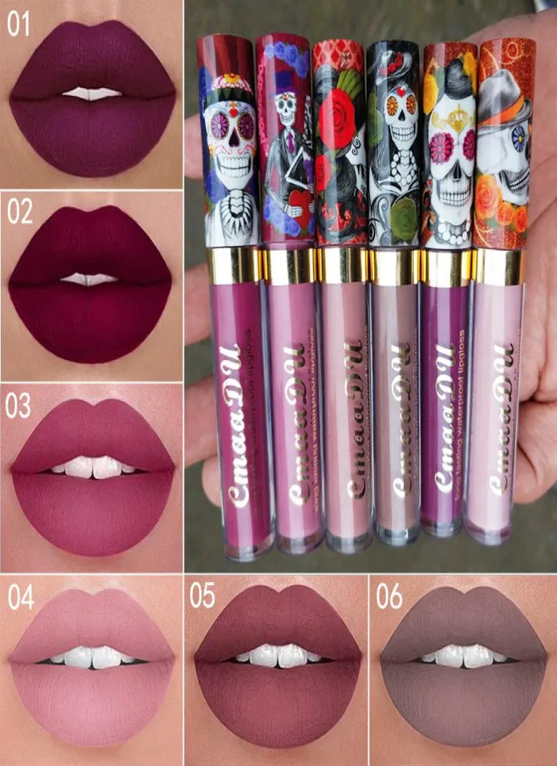 CmaaDu lip gloss Maquiagem Matte 6 Cores Batom Líquido À Prova D 'Água e de Longa Duração Crânio Tupe Batons Lábios Make up Lipgloss3585080