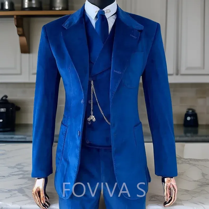 Ternos de veludo azul real para homens, 3 peças, casamento, noivo, smoking, lapela entalhada, moda masculina, jaqueta de fumar com calças colete 2024