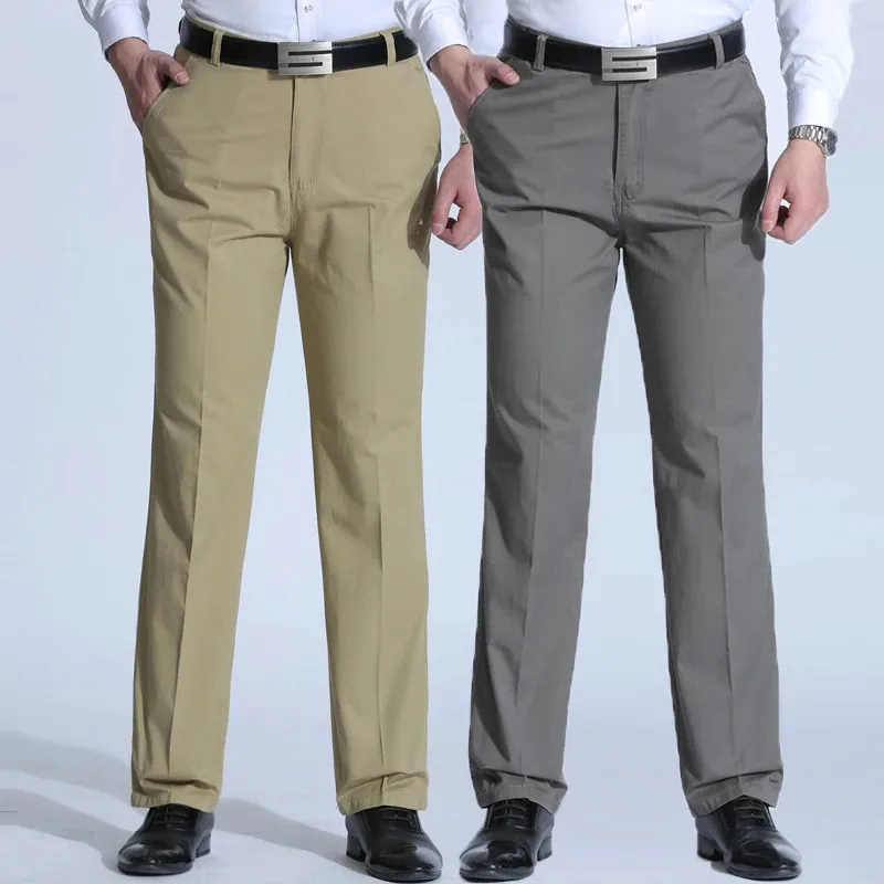 Primavera e verão marca calças dos homens de meia idade fino casual cor sólida solta calça cintura alta homem calças 240315
