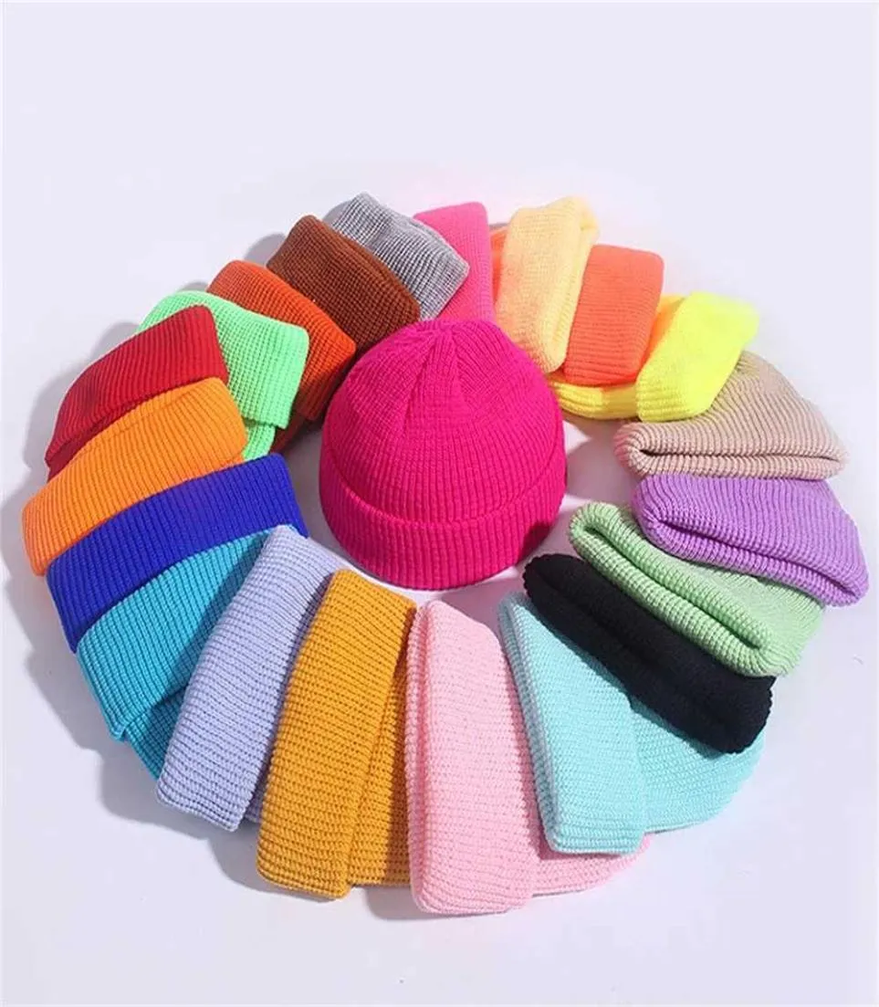 Candy Color Wool Skullcap Unisex Knit Slouchy Thick Beanie Caps Cuffed Winter Hat Solid Beenie Outdoor Sports Skull Cap Chunky Hip4763726