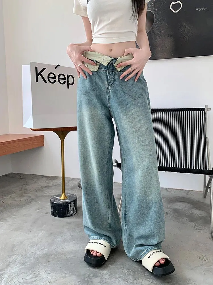 Jeans Femme Benuynffy Vintage Poignets Lavés Femmes 2024 Printemps Été Mode Coréenne Lâche Taille Haute Droite Jambe Large Denim Pantalon