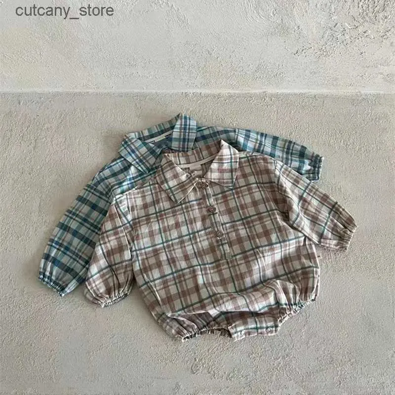 Jumpsuits Plaid Long Sleeve Button Spring Summer Cotton Infant Rompers Turn Down Collar Fashion Streetwear Baby Romper Unisex L240307