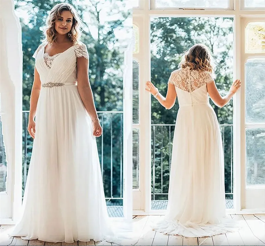 Plus Size Elegant Chiffon A Line Wedding Dresses With Cap Sleeves Sexy V Neck Lace Chic Bridal Gowns Boho Garden Beach Floor Length Pleated Bride Robes De Mariee