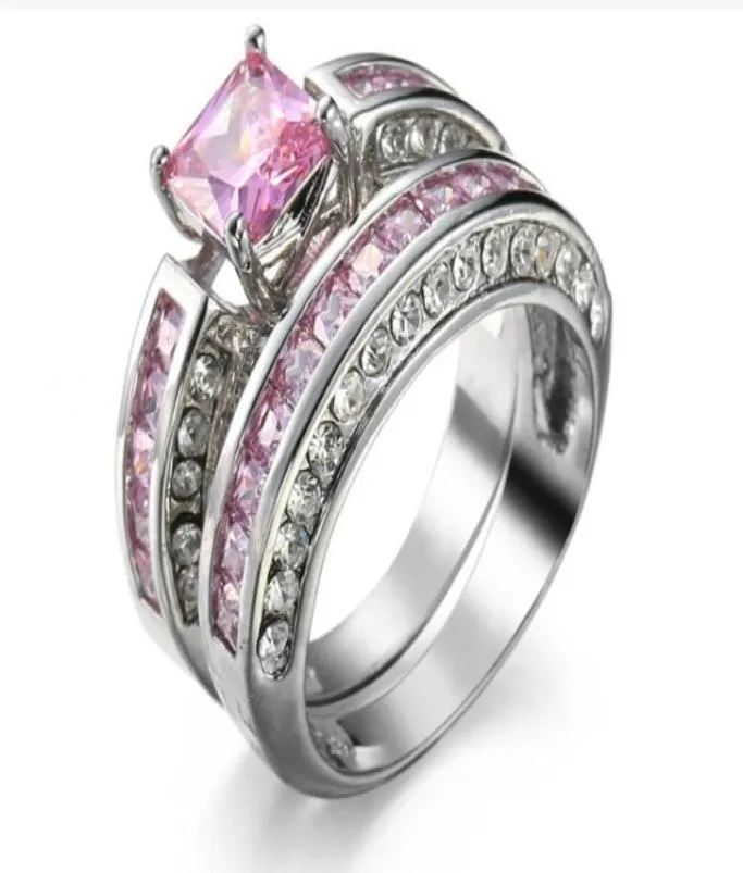 Anéis de luxo de noivado fino jóias Princesa rosa safira10KT branco ouro cheio de casamento Diamonique simular anel de diamante com bo7194374