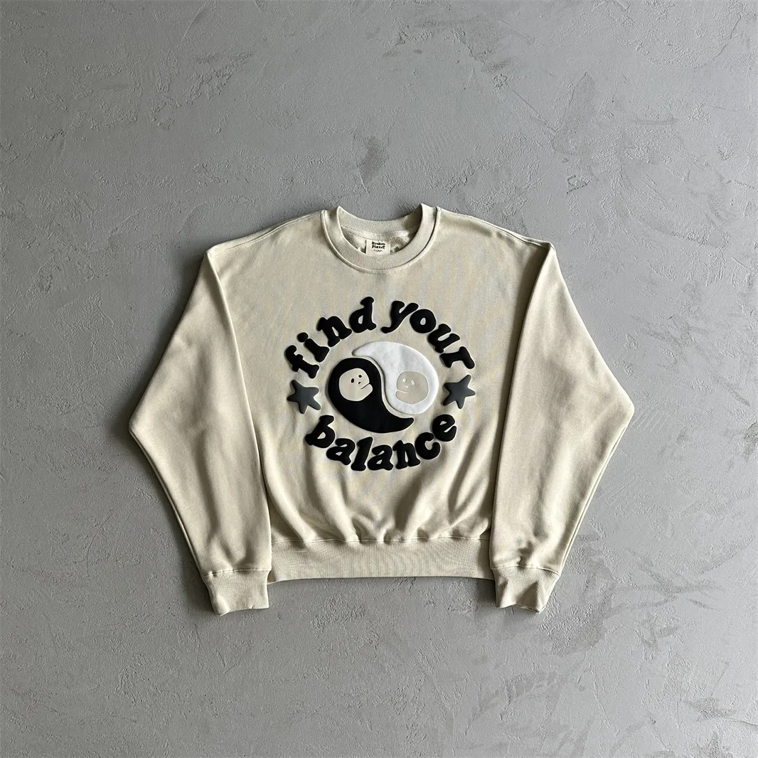 Broken Planet Trendy Sweatshirt-Beige Hoodless Men's and Women's Foam tryckt Loose American Hip-Hop Style Top