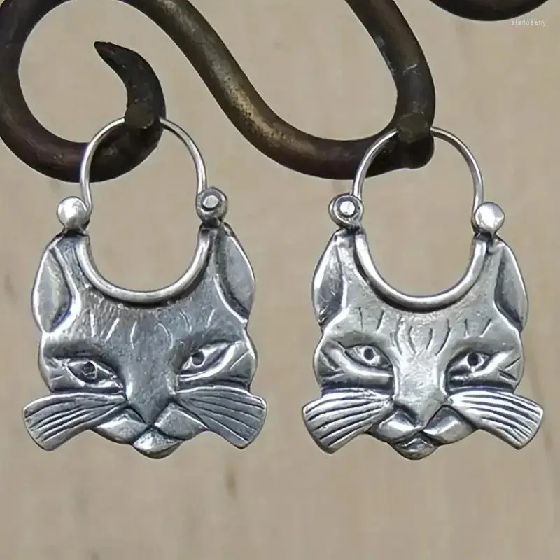 Dangle Earrings Ethnic Style For Women Cat Animal Silver Color Grave Metal Inlaid Jewelry Trendy Female Gift