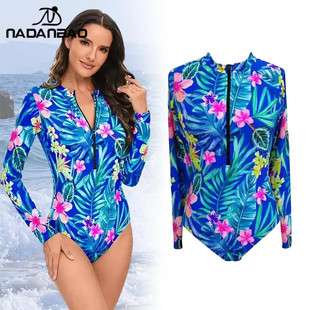 Костюмы Nadanbao Summer Sexy One Piece Костюма для женщин с длинным рукавом Zippper Surfing Beachwear Женская голубая вечеринка купальники