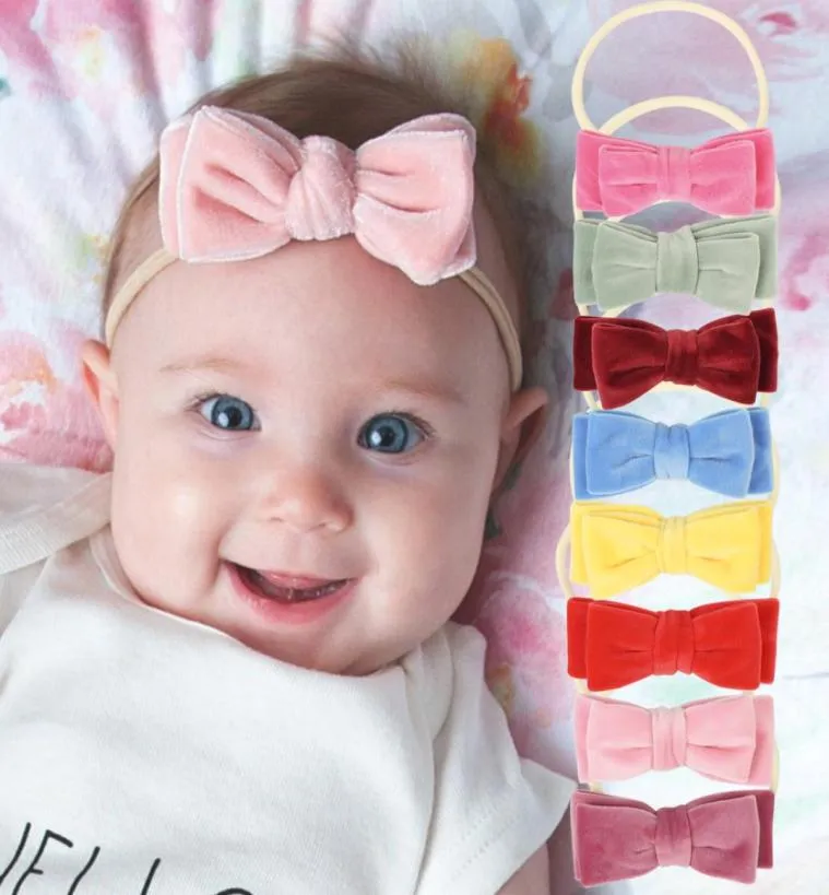 Baby Mädchen Stirnbänder Kinder Schleife Nylon Bowknot Haarbänder Elastische Kinder Haarschmuck Prinzessin Samt Kopfbedeckung Einfarbig KHA26238933