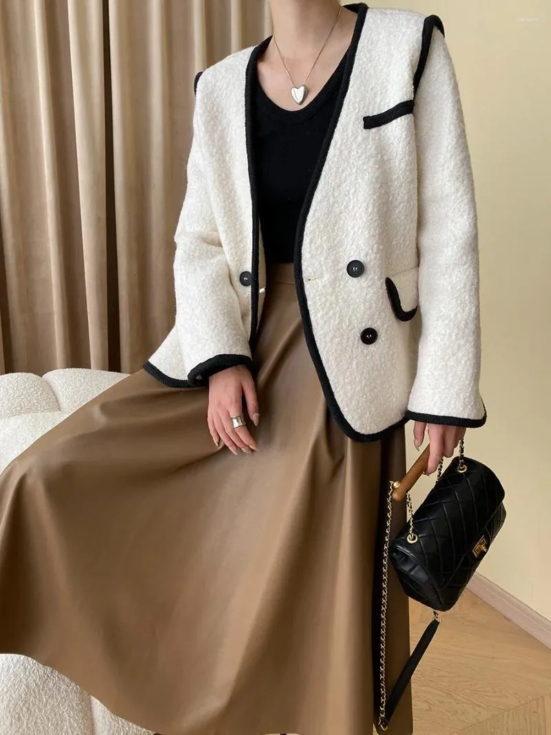 Kvinnors jackor ol temperament V-hals ulljacka vit svart höst vinter tweed rockar eleganta mode ytterkläder