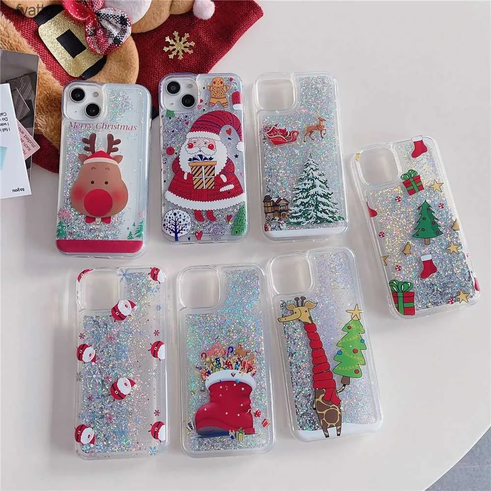 Cell Phone Pouches Bling Christmas Santa Claus Dynamic Quicksand Phone Case For Pro Max Glitter Powder Transparent Cover GiftH240307