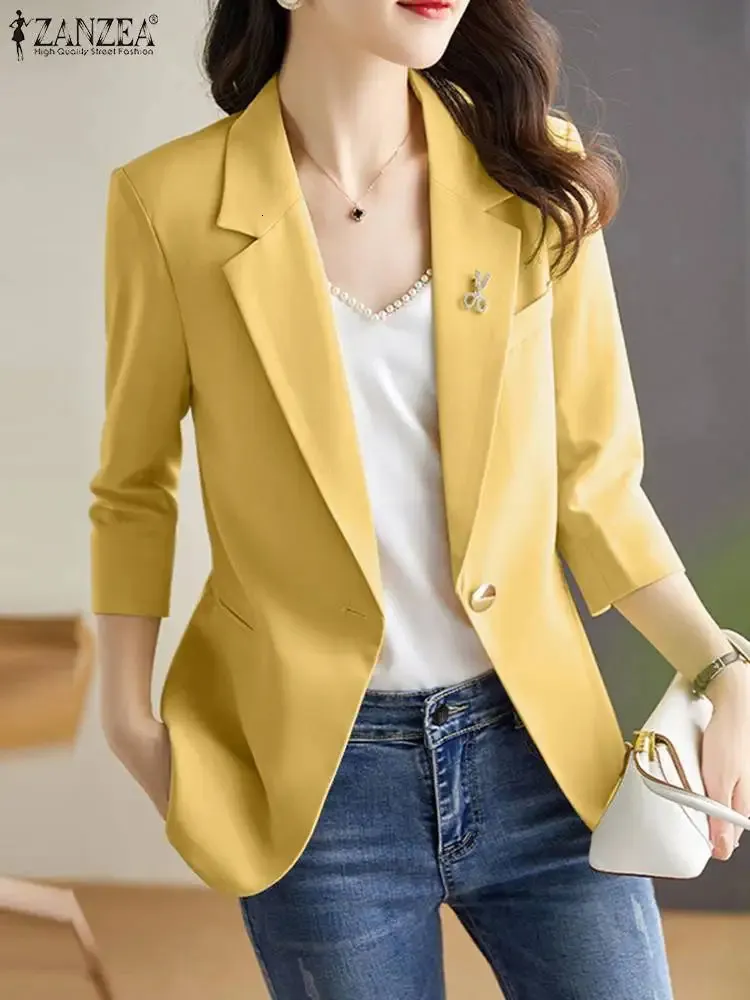 Zanzea Eleganckie kobiety Blazer garnitury Summer Lapel Neck 34 Rękaw Cienkie płaszcze swobodne biuro odzież robocza Solid ol olmetwiarna kardigan 240226