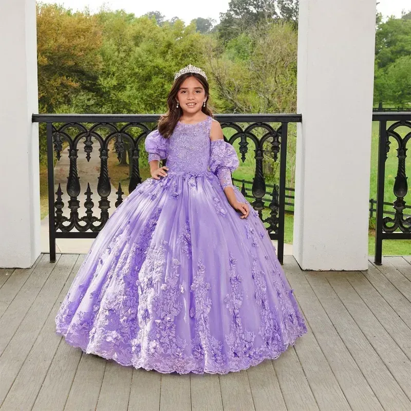 Vestidos de flores para niñas con bola Lila, vestido desmontable de manga larga para niños, vestido de desfile con Apliques de encaje, vestido de fiesta de cumpleaños para niños pequeños de princesa