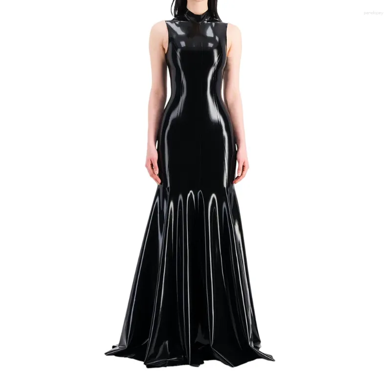 Robes décontractées Femmes Sans manches Demi-col haut Look mouillé PVC Maxi Robe Faux Latex Sirène Longueur au sol Club Fétiche Tenue Vêtements